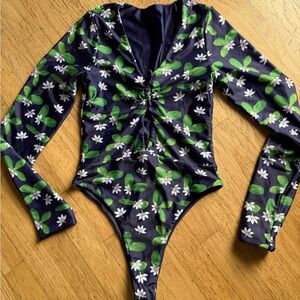 Navy Floral Long Sleeve One Piece Swimsuit
